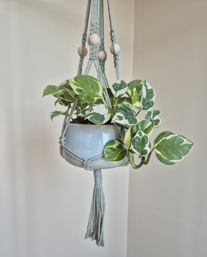 Šviesiai žalios spalvos gėlių laikiklis su mediniais karoliukais